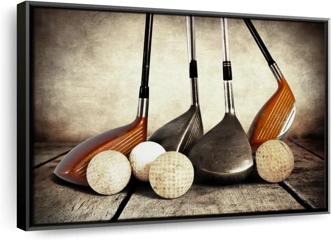 Elephant Stock Golf Sets Wall Art - Horizontal Framed Canvas - 1-Piece Mancave Wall Decor - Photography Sports Canvas Print - Yellow and Brown Decor for Wall - 31" X 21"