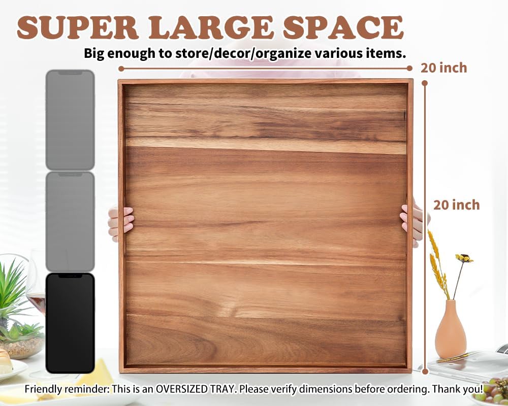 Large Ottoman Tray for Living Room, 20" Extra Large Tray for Ottoman Square Acacia Serving Trays with Handles for Coffee Table, Breakfast, Appetizers, Dinner