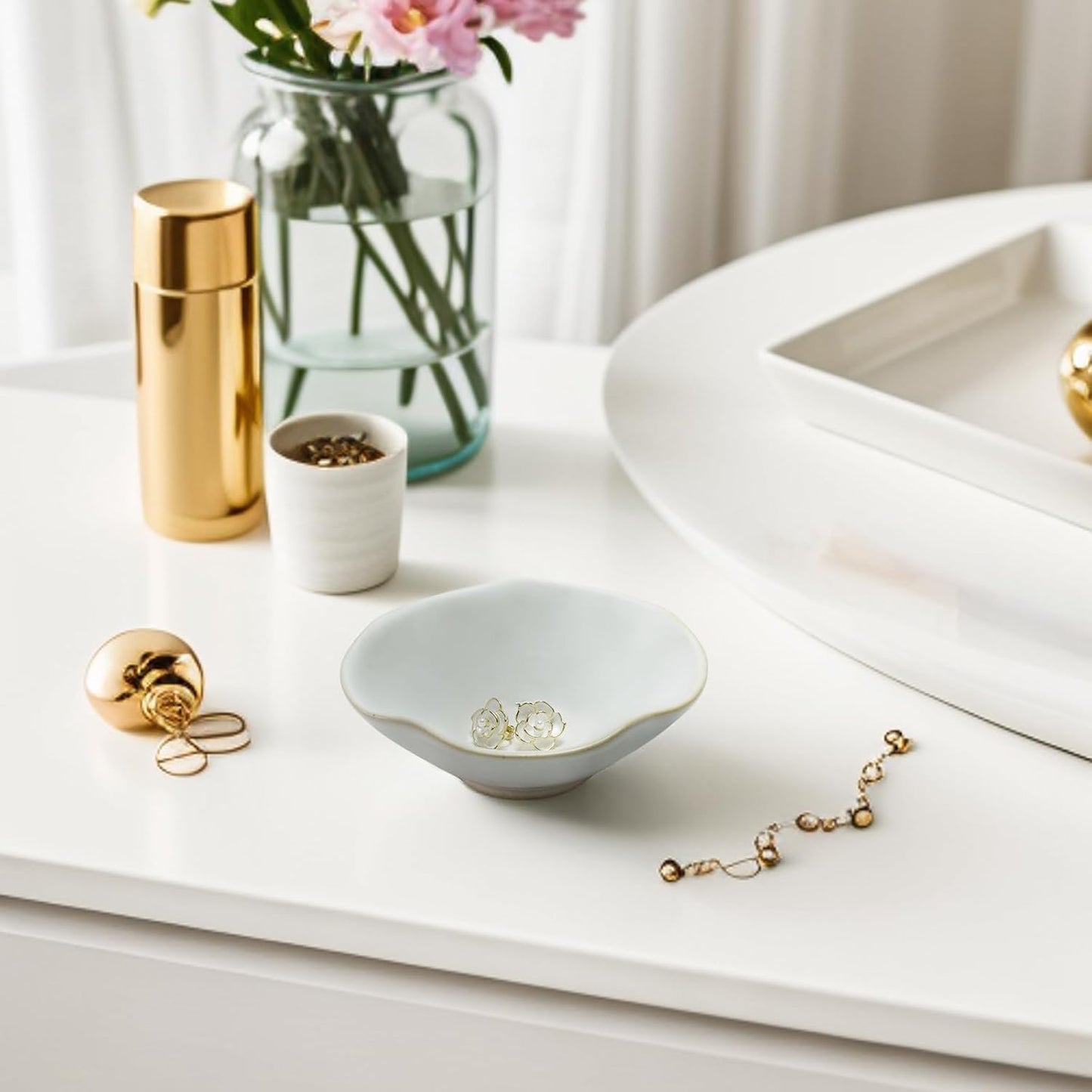 4.72" Small Decorative Bowl, Ceramic White Key Bowl for Entryway Table, Jewelry Dish, Trinket Holder, Potpourri Bowl, Vintage Home Decor with Unique Irregular Rim (White)