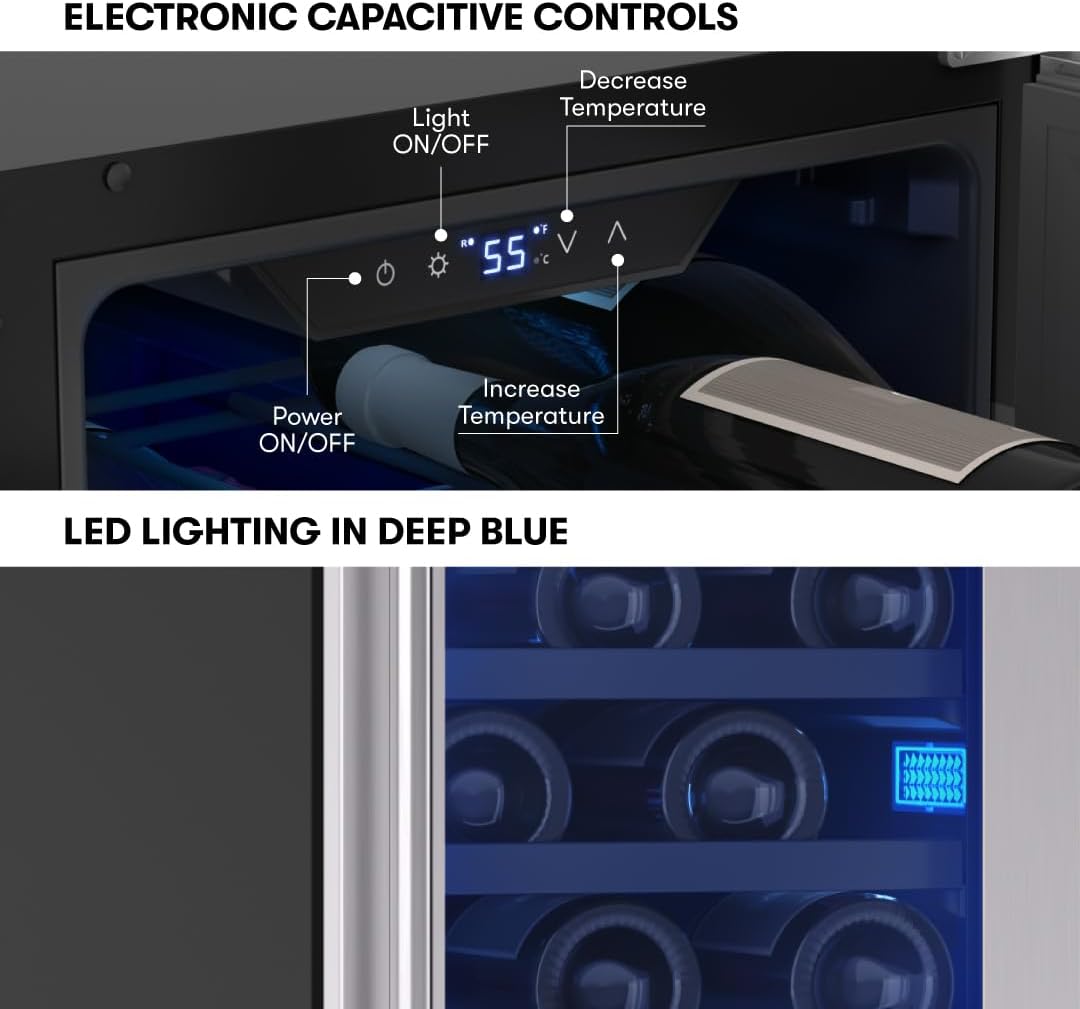 Zephyr Brisas 15 Inch Slim Wine Fridge Single Zone Under Counter - Narrow Mini Wine Cooler Small Cabinet Wine Refrigerator Home Bar Freestanding with Glass Door - 28 x 750ml Bottles