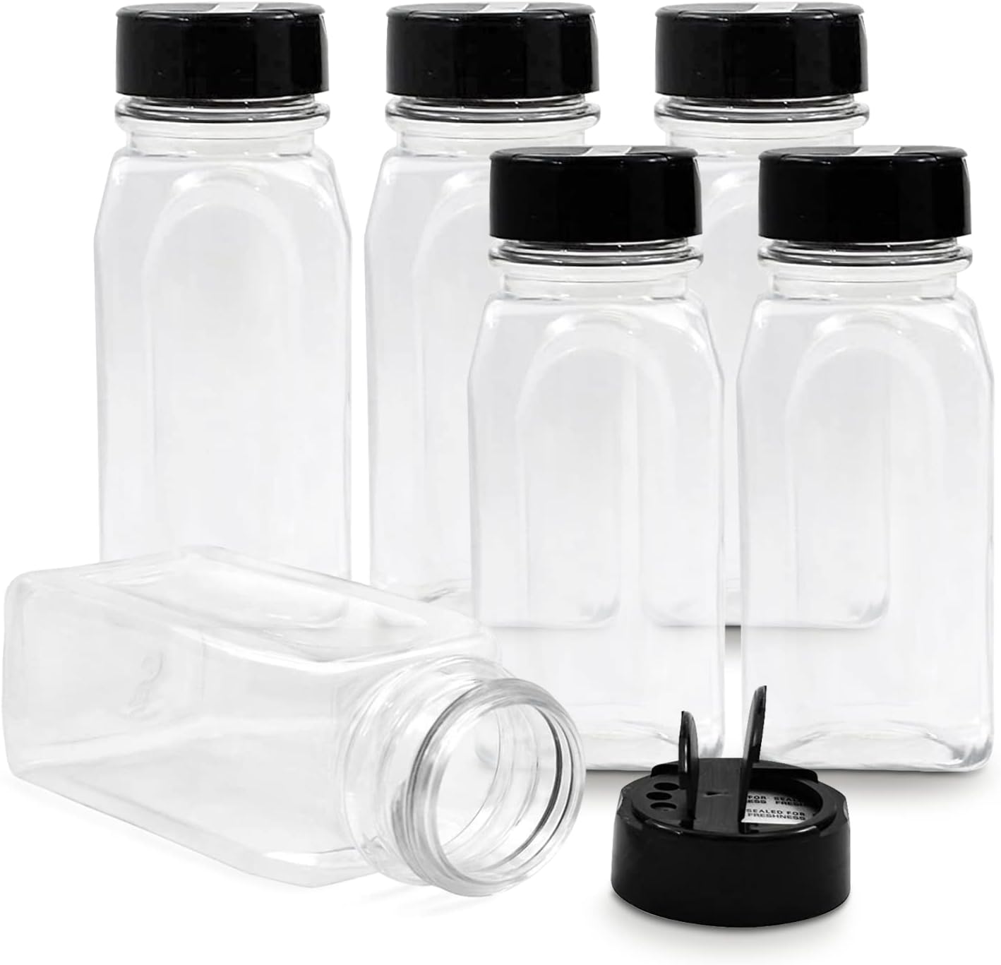 RoyalHouse - 6 Pack 14 Oz Plastic Spice Jars with Black Cap, Clear and Safe Plastic Bottle Containers with Shaker Lids for Storing Spice, Herbs and Seasoning Powders, BPA Free, Made in USA