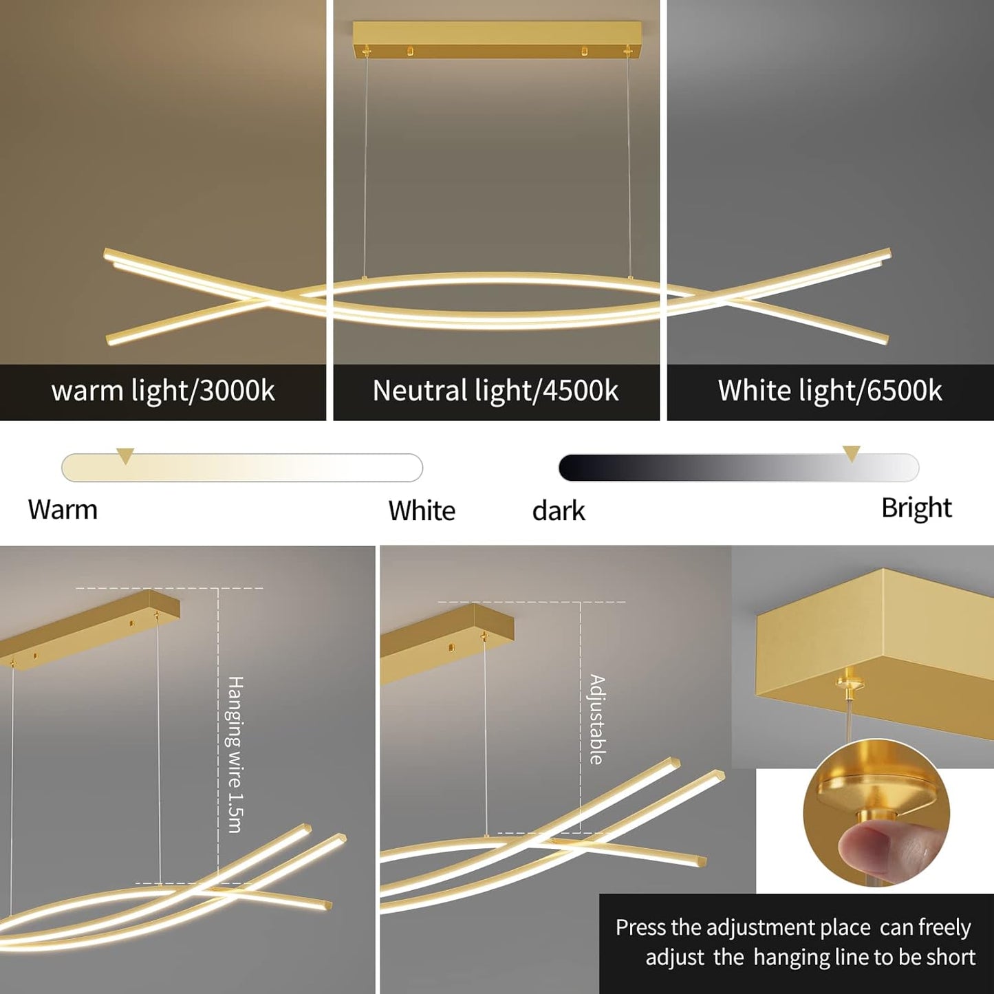 Modern Chandelier with 1%-100% Dimmable, Suitable for Dining Room, Bedroom and Living Room(Gold)