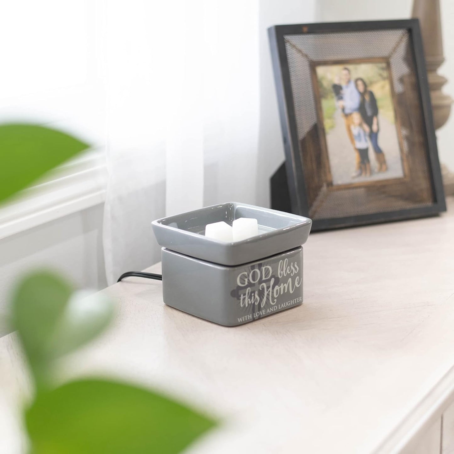 God Bless This Home Love Grey Stoneware Electric 2-in-1 Jar Candle and Wax Tart Oil Warmer