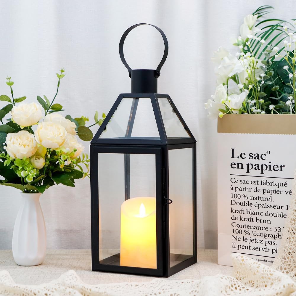 JHY DESIGN Black Decorative Lanterns 16“H Decorative Candle Lantern with Tempered Glass for Indoor Outdoor Events Parities and Weddings