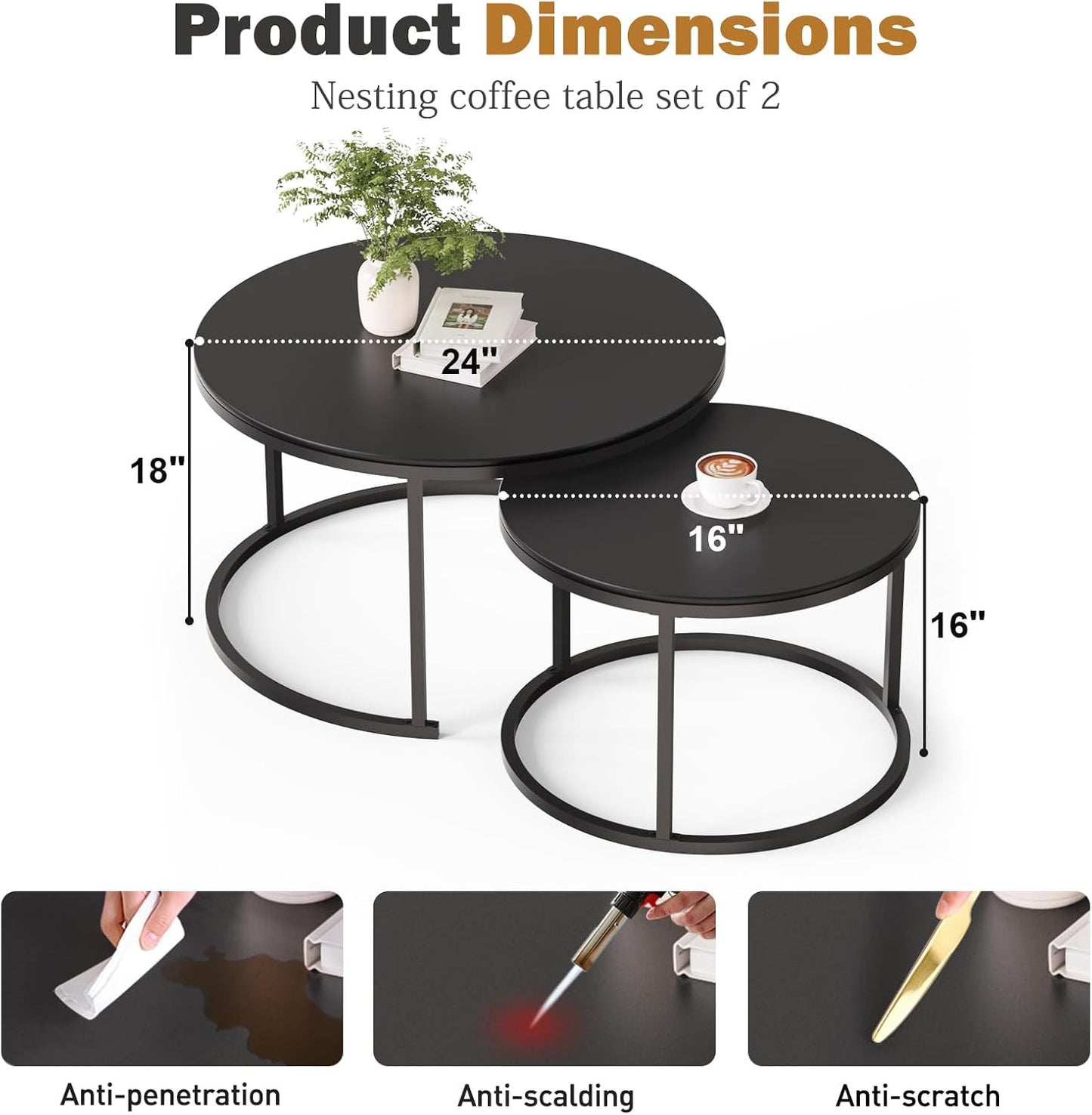 Coffee Tables for Living Room, Black Modern Decorative Coffee Center Table Set of 2, Sintered Stone Top & Sturdy Metal Base,for Living Room, Bedroom, Apartment