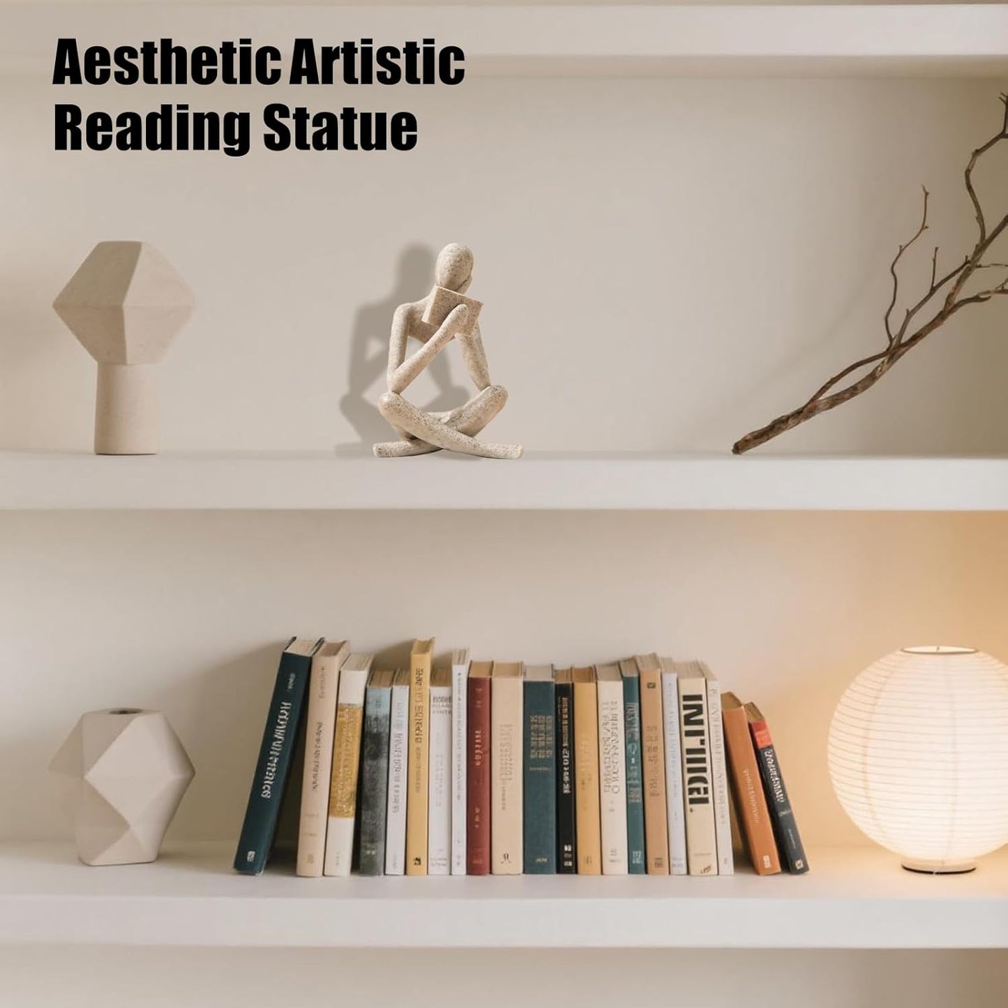 Bookshelf Decor Reading Statue - Abstract Art Thinker Sculpture Bookend for Shelves Aesthetic, Modern Home Decoration Figurine for Living Room Office Shelf Desk Coffee Table Decor(Beige Right)