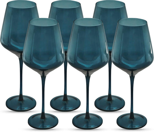 Saludi Original Midnight Blue Wine Glasses, 16.5oz (Set of 6) Stemmed Single Color Blue Glass - Great for All Wine Types and Occasions or Gifts - Luxury, Durable, Hand-Blown