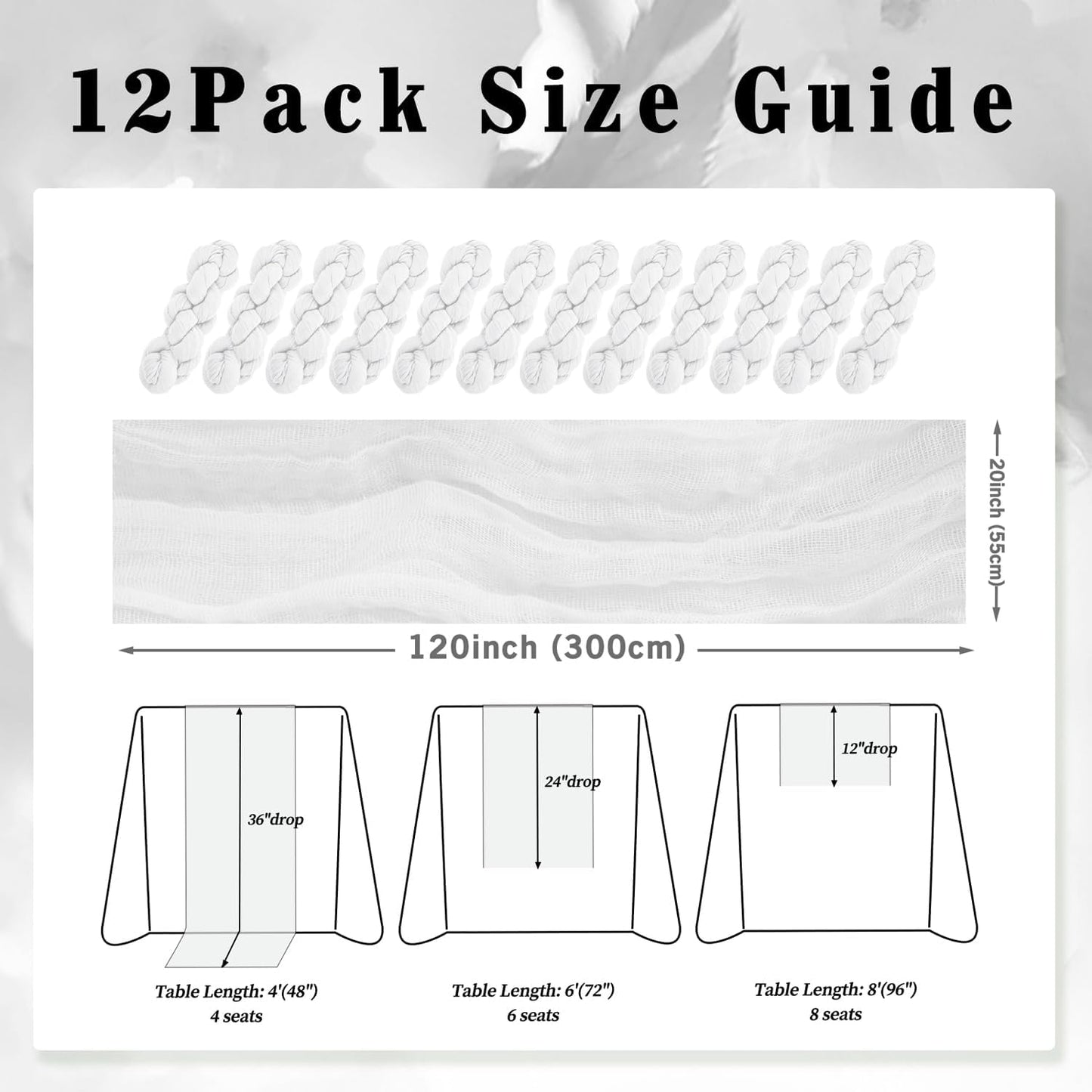 10FT 12 Pack White Cheesecloth Table Runner 20 x 120 Inch Long Rustic Gauze Cheese Cloth Table Runner for Wedding Bridal Baby Shower Table Decorations Boho Fabric Sheer Birthday Party Table Decor