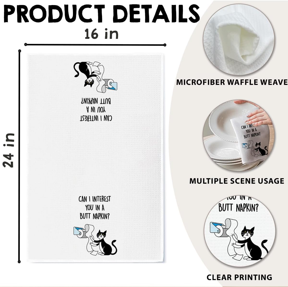 Cat Hand Towel, Funny Bathroom Kitchen Towels, Waffle Weave Microfiber Dish Cloth, Gift for Cat Lovers, Cute Kitty Tea Towel for Home