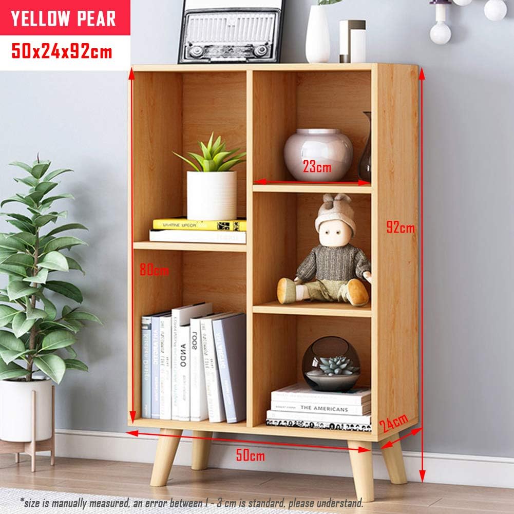 IOTXY Wooden Open Shelf Bookcase - 3-Tier Floor Standing Display Cabinet Rack with Legs, 5 Cubes Bookshelf, Pear Yellow