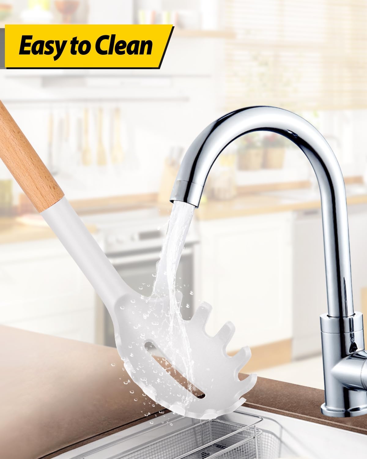 Silicone Pasta Fork and Ladle Spoon Set with Wooden Handle, Heat Resistant Non Stick Kitchen Utensils for Cooking, Stirring, Serving Spaghetti, Soup, Sauce(WHITE)