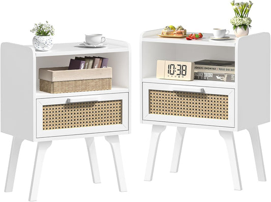 Lerliuo Rattan Nightstands Set of 2, Bedside Table with Drawer Open Shelf, Cane Accent Side End Table with Solid Wood Legs, White Mid Century Night Stand for Bedroom, Dorm and Small Spaces