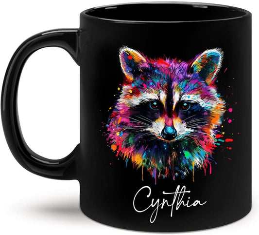 Colorful Raccoon Black Mug, Custom Choose Name Raccoon Coffee Cup, Gift For Men Women, Personalized Animal Lover Ceramic Mug, Customized Animal Design Cup 11oz 15oz