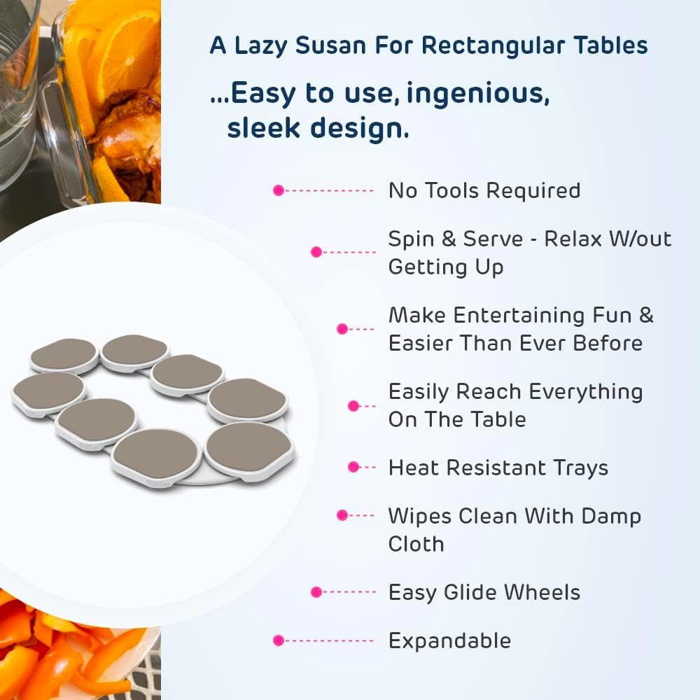 Full Set - Greige - The First Patented Lazy Susan Turntable Expandable for Rectangular & Oblong Tables - Kitchen & Dining Tables - Great Gift! Parties & Gatherings.