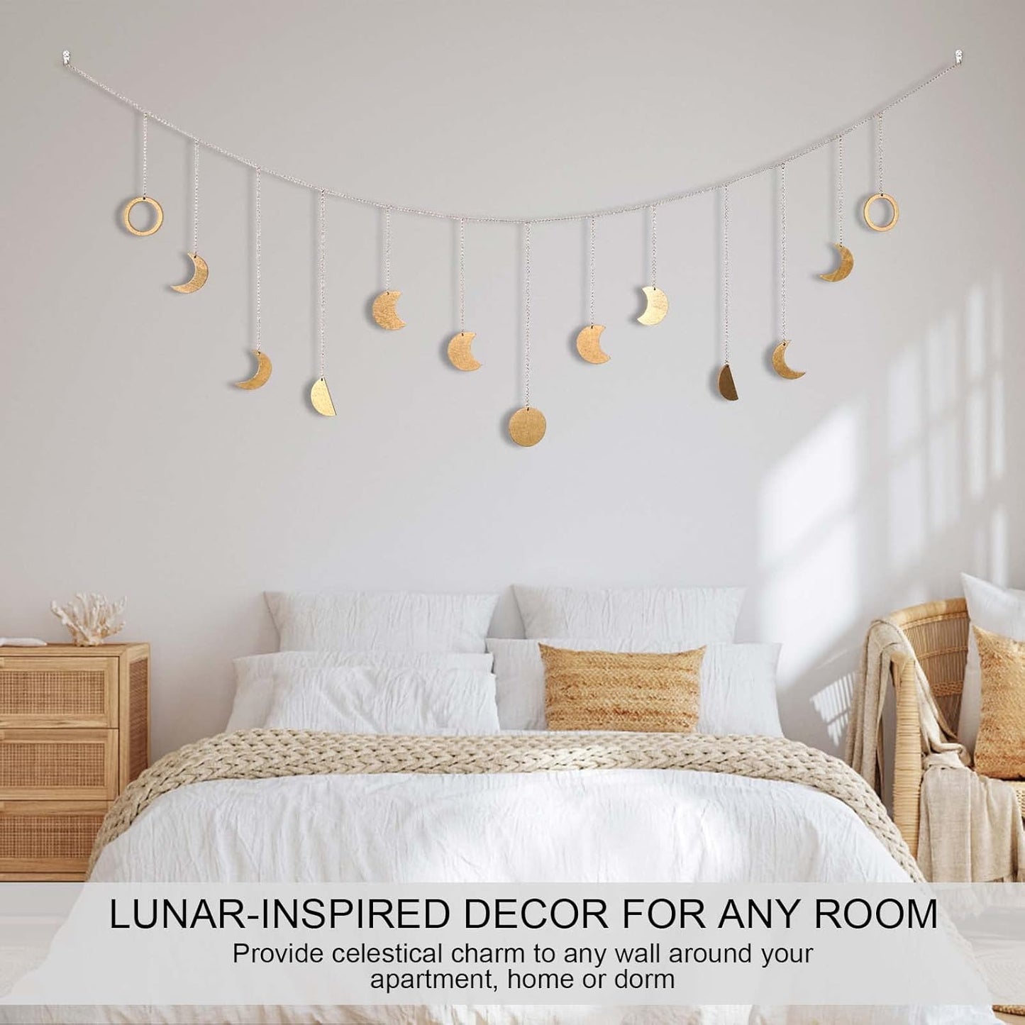 Moon Phase Wall Decor with LED String Light, 13 Gold Wood Boho Wall Hanging Decor Mood Garland 56'' - Celestial Phases Moon Decor in Bohemian Style for Bedroom Home Living Room