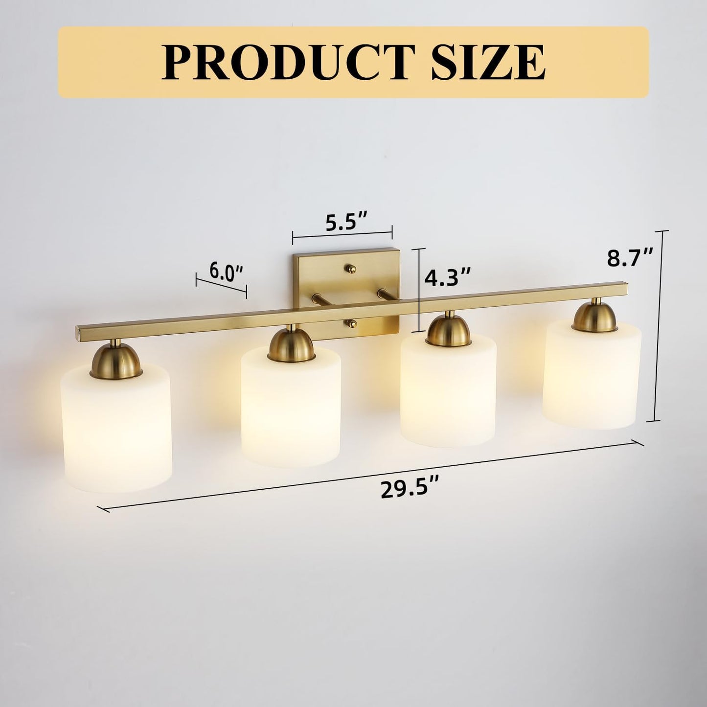 Stainless Steel Milk Glass Vanity Lights for Bathroom, 4 Light Gold Bathroom Light Fixtures Over Mirror, Ceramic E26 Sockets Wall Mounted