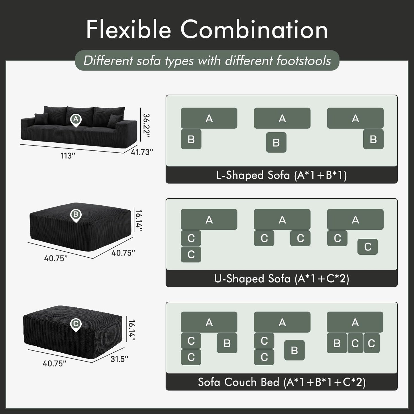 Boneless Cloud Couch Sofa for Living Room, 112" 3 Seater Black Modern Lounge Sleeper Couch, No Assemble, Cordury Compression Upholstered Couches