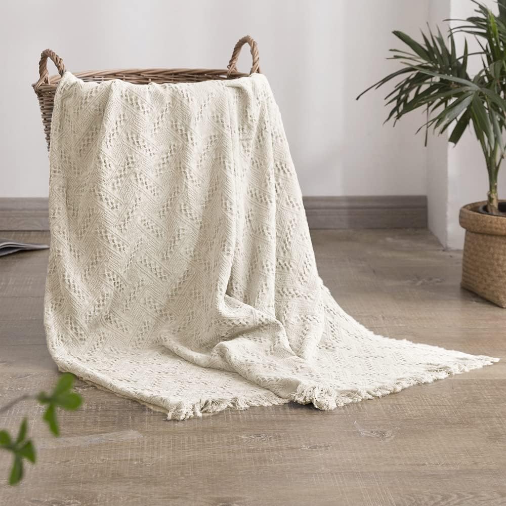 Simple&Opulence 100% Cotton Throw Blanket for Bed, Couch, Boho Luxury Geometric Knit Woven Blanket with Tassels Soft Lightweight Cozy Breathable, Vintage Farmhouse Decoration for All-Season(White)