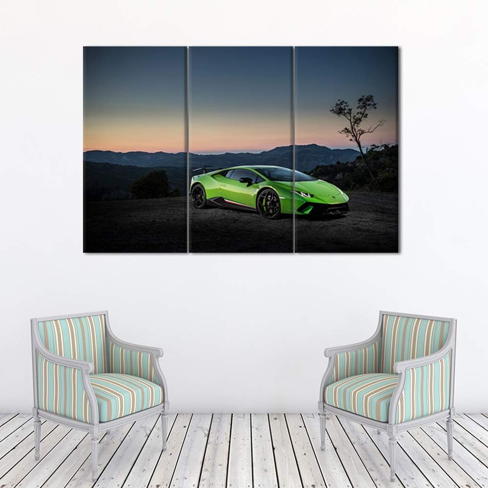 TUMOVO 3 Piece Canvas Wall Art - Green Sports Car on The Mountain Top- Modern Home Decor Stretched and Framed Ready to Hang - 12 x 24 inch x 3 Pieces
