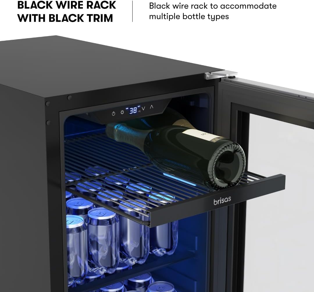 Zephyr Brisas 15 Inch Slim Beverage Fridge Single Zone Under Counter - Narrow Mini Wine & Drink Cooler Small Cabinet Wine Refrigerator Home Bar Freestanding with Glass Door - 4 Bottles, 64 Cans