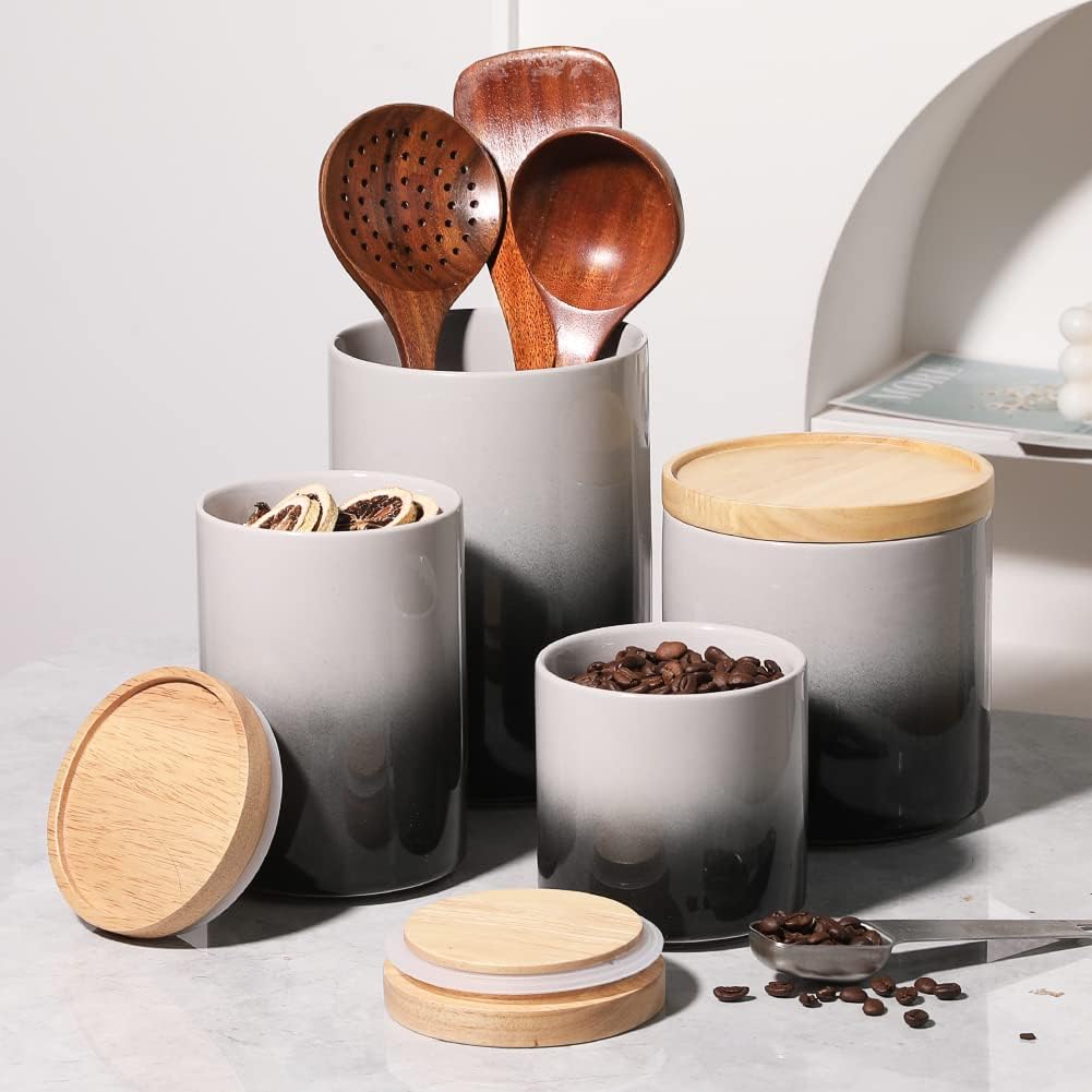 Sweejar Ceramic Food Storage Jar, Stackable Kitchen Canisters, Containers with Airtight Seal Wooden Lid for Serving Ground Coffee, Tea, Sugar, Salt and More - 28 Fl Oz (Gradient Gray)