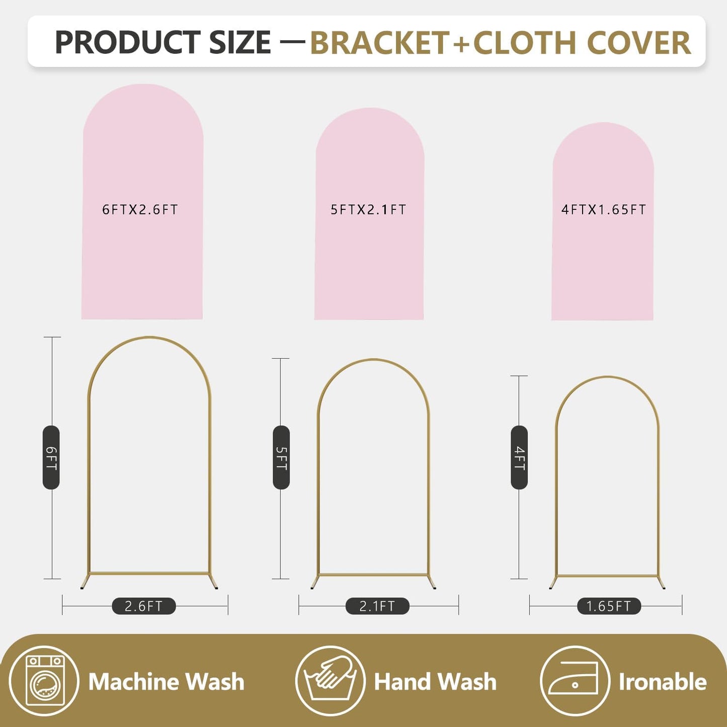 Arch Backdrop Stand and Cover Set, 3 Metal Balloon Arch Backdrop 4ft 5ft 6ft, Gold Arched Stand Frame for Wedding, Parties,Birthday, Backdrop Decorations (Pale Pink,4ft+5ft+6ft)