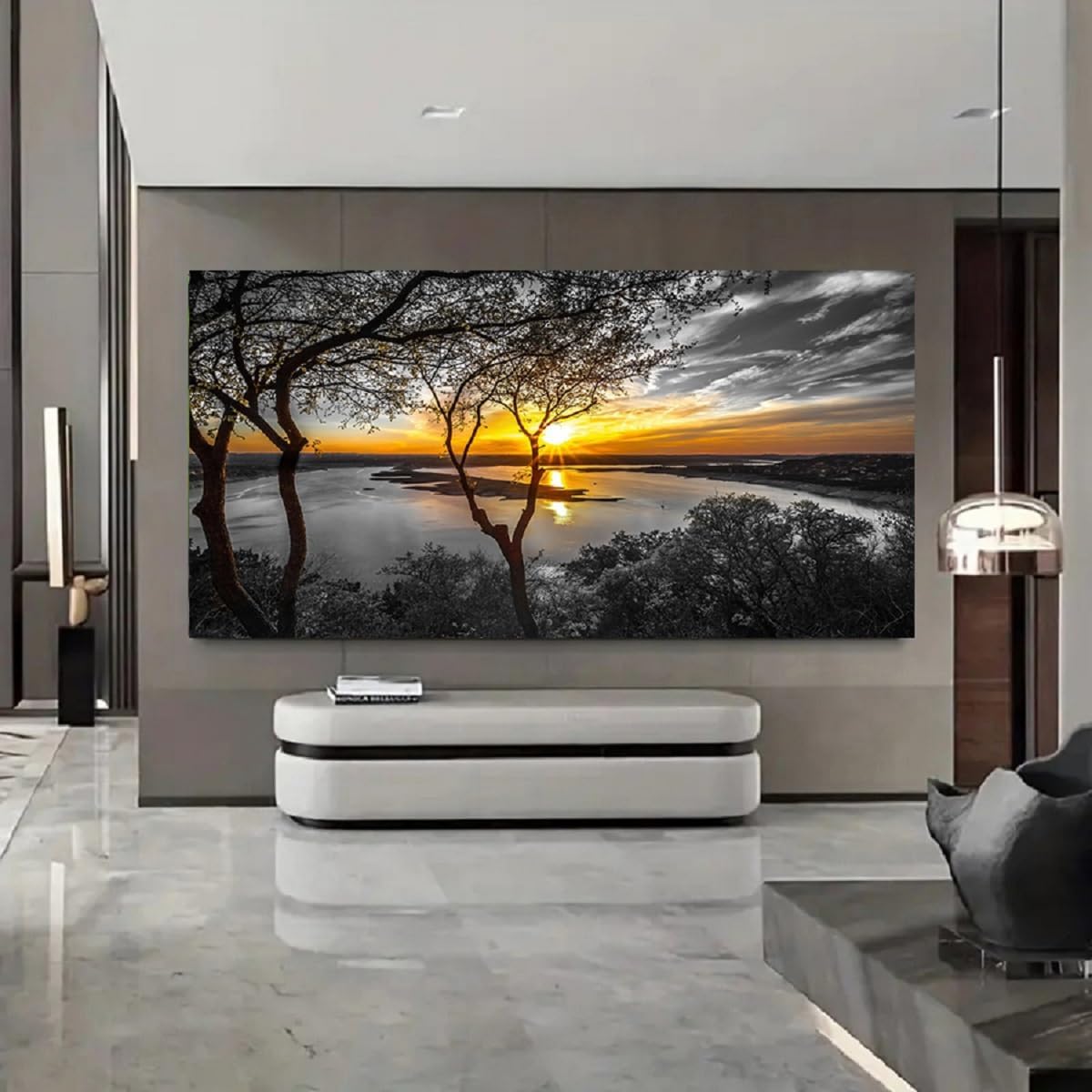 Bamdeya Black and White Canvas Wall Art Bedroom Lake Tree Print Art Forest Gold Sunset Poster Picture Natural Scenery Artwork Landscape Painting Living Room Wall Decor Modern Home Decor Framed