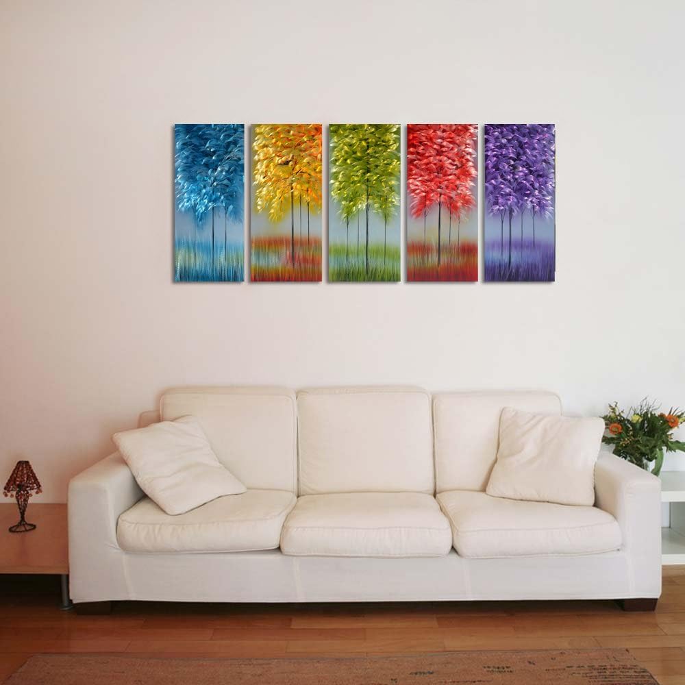 Handmade Metal Wall Art with Bog Life Multi-Colored Tree, 3D Abstract Design Artwork for Modern and Contemporary Decor, Indoor Outdoor Wall Decorations, 5-Panels Metal Art Measure 24"x 64"