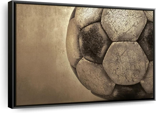 Elephant Stock Worn Soccer Ball Wall Art - Horizontal Framed Canvas - 1-Piece Living Room Wall Decor - Photography sports Canvas Print - Brown and Gray Decor for Wall - 37" X 25"