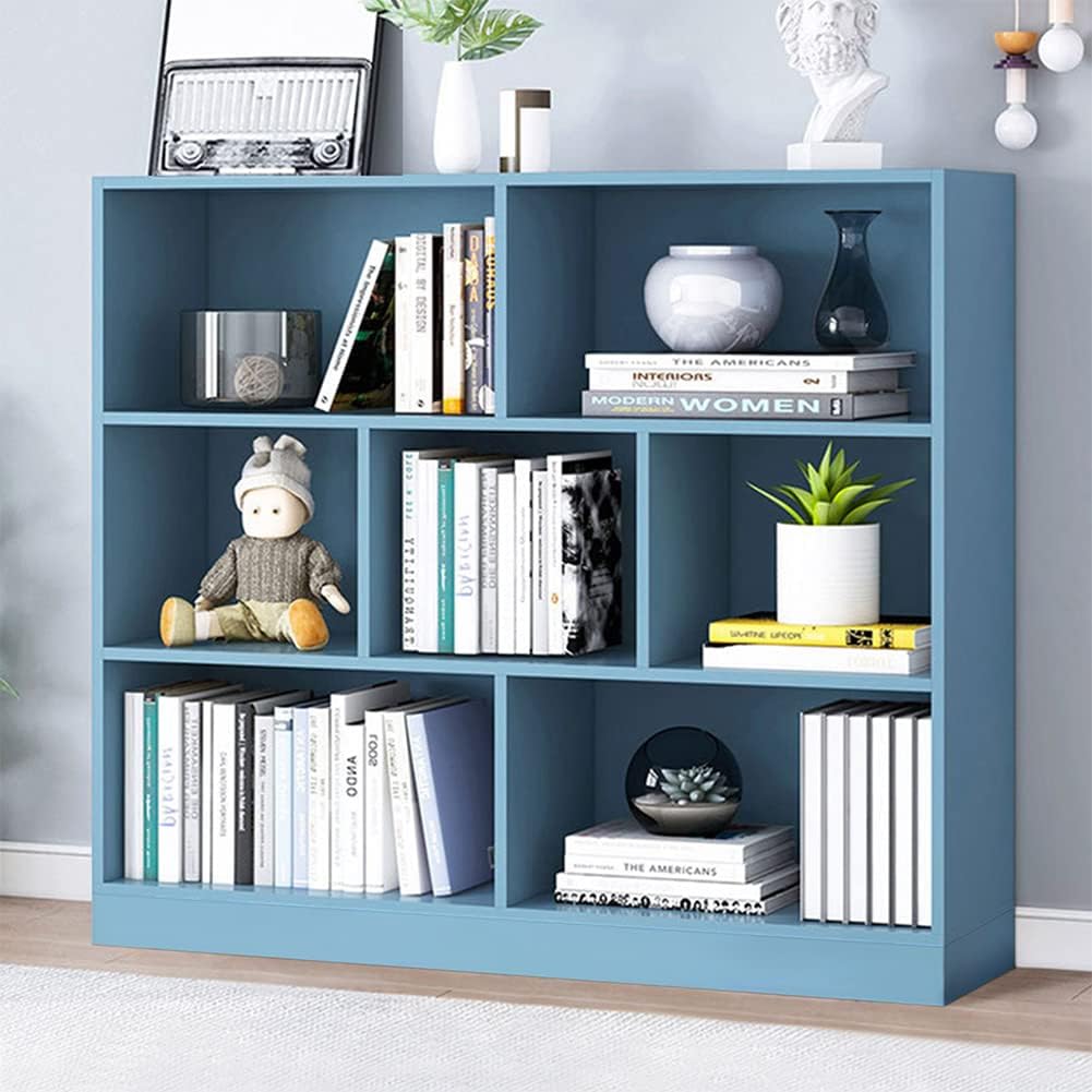 IOTXY Open Shelf Low Bookcase - Wooden 3-Tier Floor Standing Display Cabinet Organizer with Base, 7 Cubes Short Horizontal Bookshelf in Bright Blue