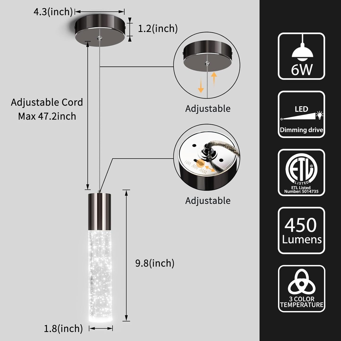 OKELI Modern Pendant Lights,3 Color LED Bubble Crystal Island Light Fixtures,Black Mini Pendant Lighting for Kitchen Island,Bar,6W,3000-6000K,ETL,3 Pack