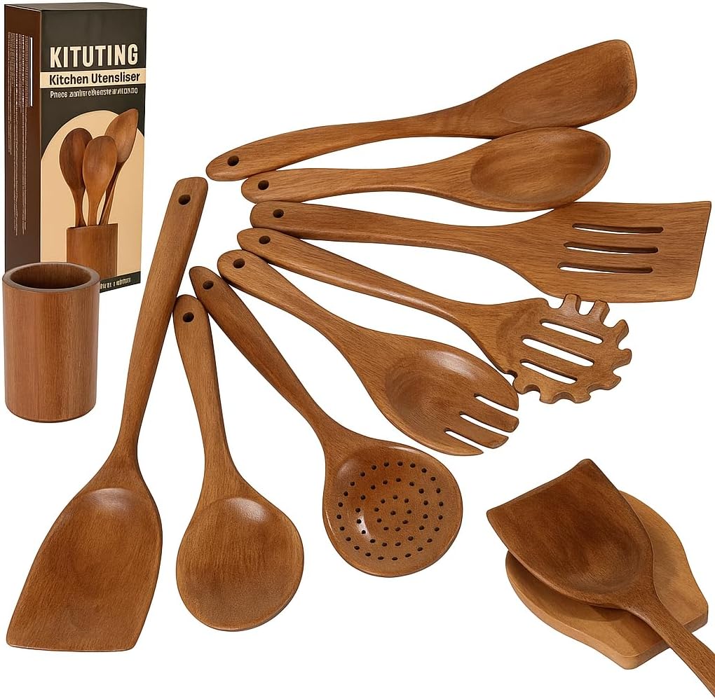 Wooden Spoons for Cooking Set of 10 - Cooking Utensils with Spoon Rest & Holder – Comfortable Grip & Easy to Clean - Wooden Spoon Set for Kitchen with four Hanging Hooks