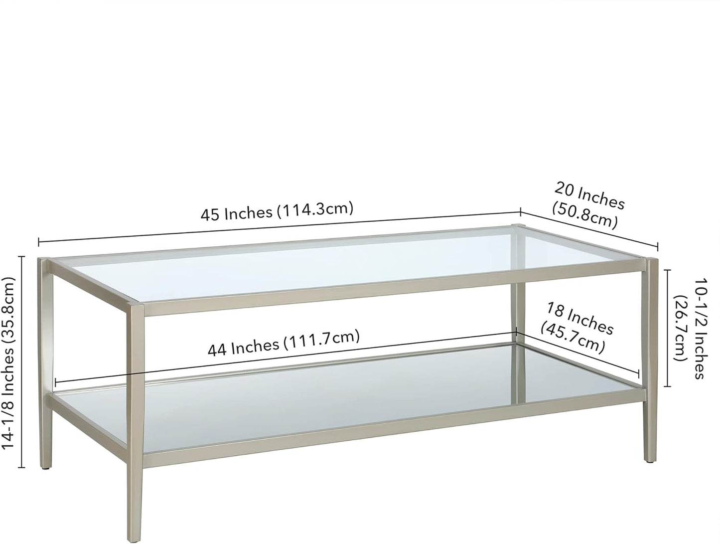 Henn&Hart 45" Wide Rectangular Coffee Table with Mirror Shelf in Satin Nickel, Coffee Table coffee tables for living room, studio apartment essentials