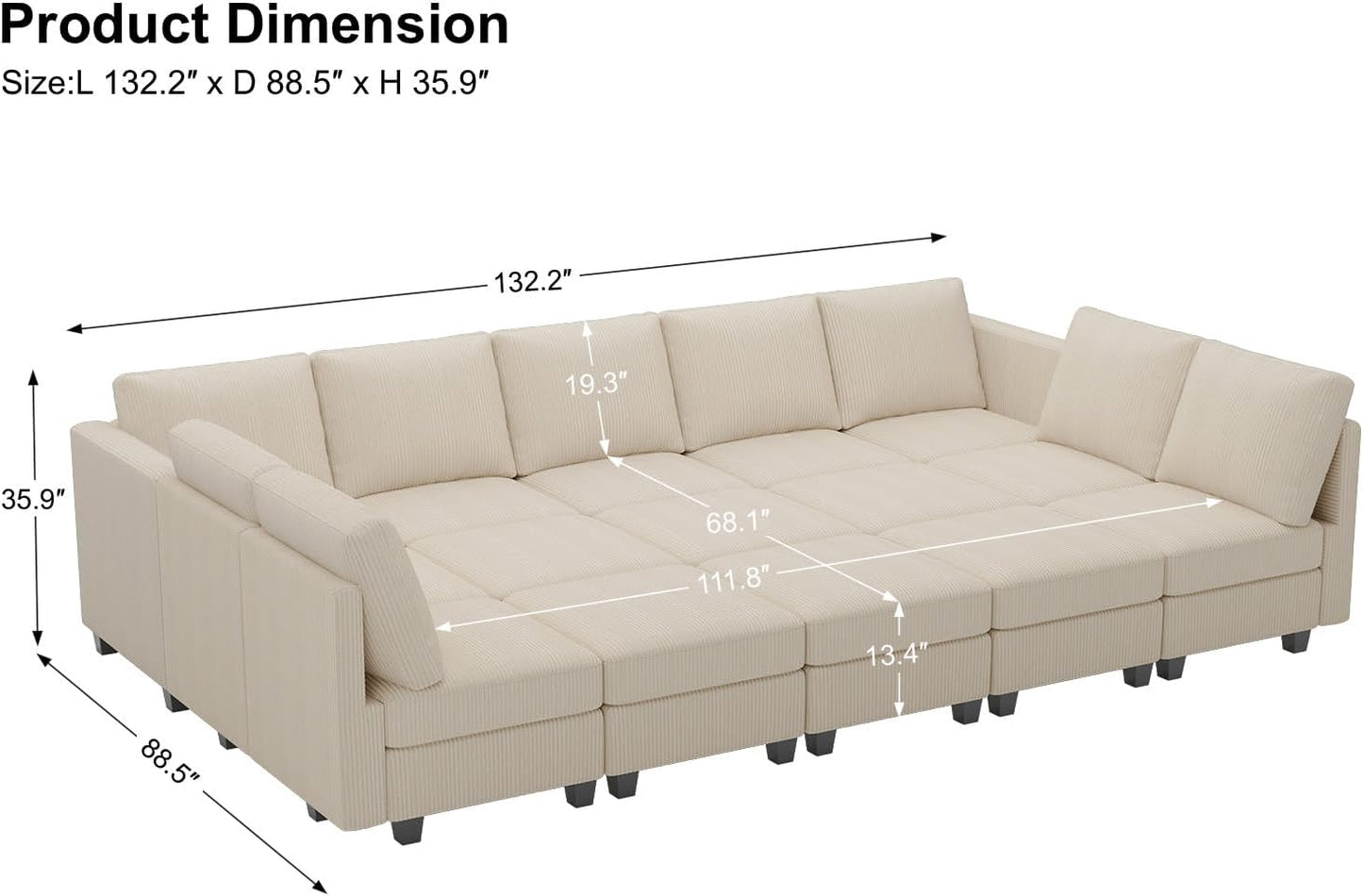 Belffin Large 15 Seat Modular Sectional Sofa with Storage Seat Corduroy Sleeper Sectional Sofa Bed Oversized Convertible Modular Couch for Living Room Beige