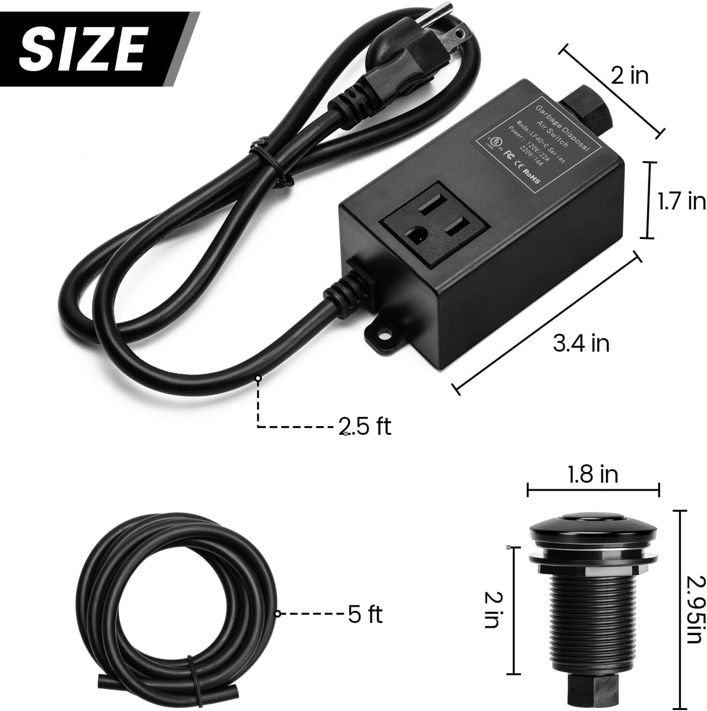 Garbage Disposal Air Switch Kit for SinkTop Waste Disposal with Stainless Steel Black Short Air Button by Briidea