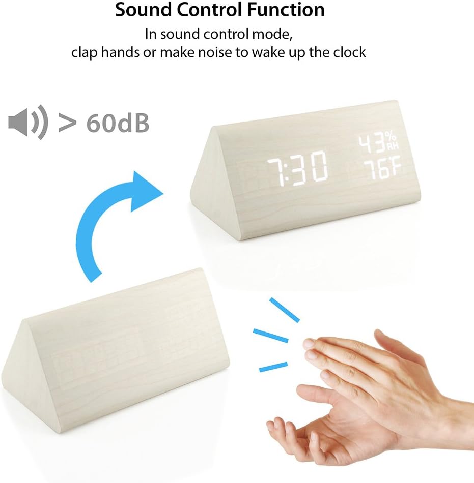 OCT17 Wooden Alarm Clock, Wood Alarm Clock Smart LED Digital Clock for Bedroom/desks, Upgraded with Time Temperature, Adjustable Brightness and Voice Control, Humidity Displaying - White