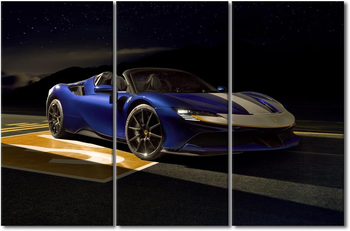 TUMOVO Supercar Wall Art Blue Sports Car Pictures Print On Canvas Sportscar on the Runway Modern Artwork Wall Art for Living Room Office Giclee Gallery Posters Prints Framed Ready to Hang, 42" Wx28 H