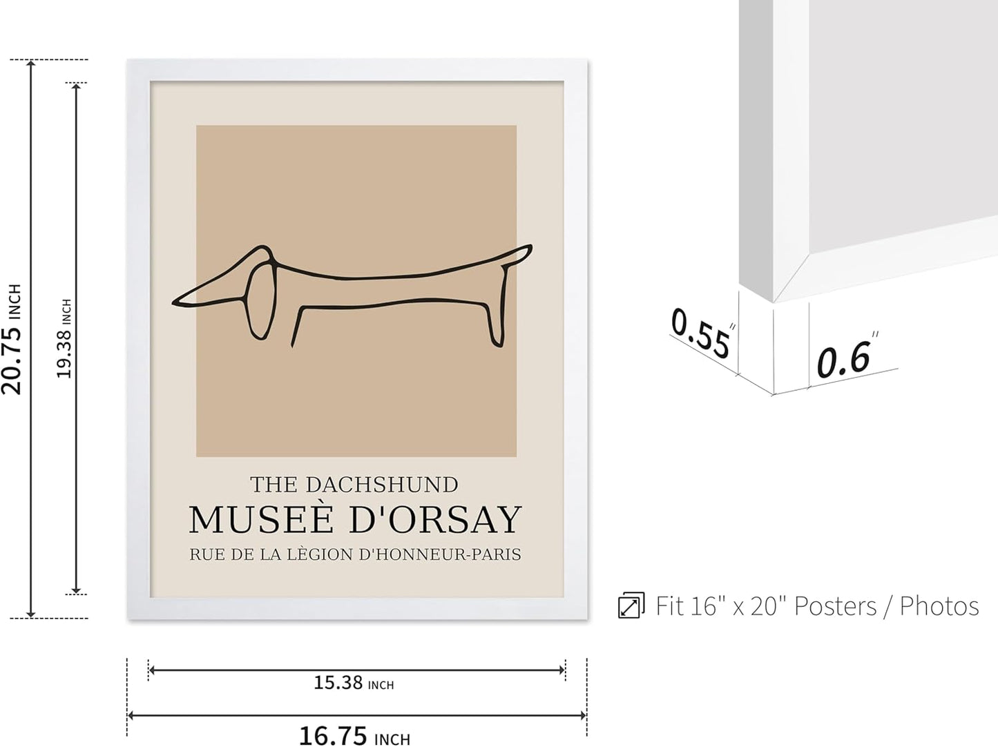 Poster Master Vintage Poster - Retro Minimalist Print - Gift for Artist, Housewarming - Dachshund Dog, Line Drawing, Abstract - Wall Decor for Living Room, Bedroom, 16x20 White Framed