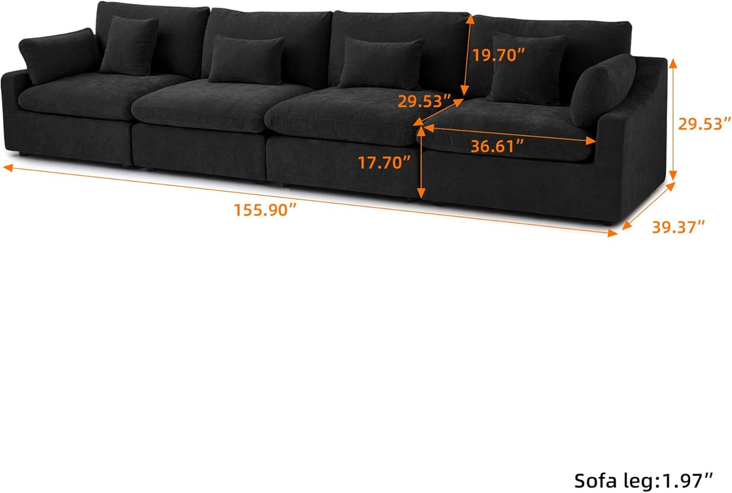 JACH Sectional Couches for Living Room, 4 Seater Cloud Sectional Couch with Deep Seat, Down Filled Modular Sofa, Covers Removeable & Washable, Sofas Furniture for Living Room, Black
