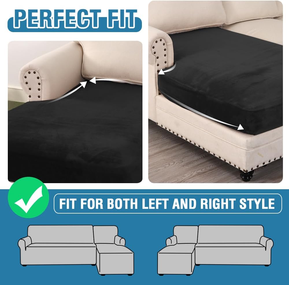 H.VERSAILTEX Velvet Stretch Individual Chaise Cover Sectional Couch Covers for L Shaped Sofa Both Left/Right Furniture Protector Seat Cushion Sofa Cover (1 Piece Chaise Cover, Black)