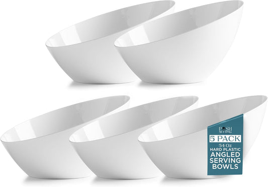 Posh Setting - White Plastic Serving Bowls for Party - Angled, Disposable, Chip & Candy Bowls - 54 OZ, 5 Pack
