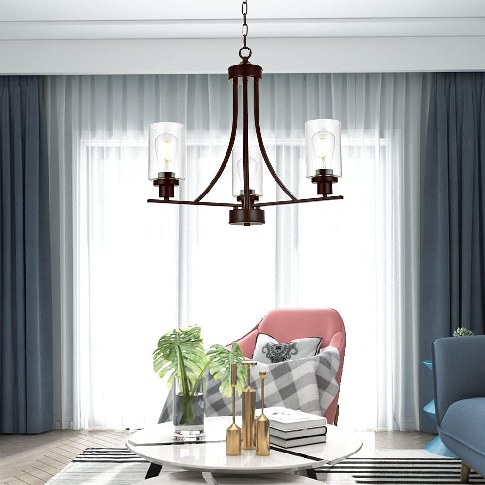 BONLICHT 3 Lights Oil-Rubbed Bronze Traditional Chandelier Rustic Kitchen Island Lighting Fixtures Hanging Clear Glass Cylinder Pendant Lights Classic Ceiling Light for Dining Room Bedroom Foyer