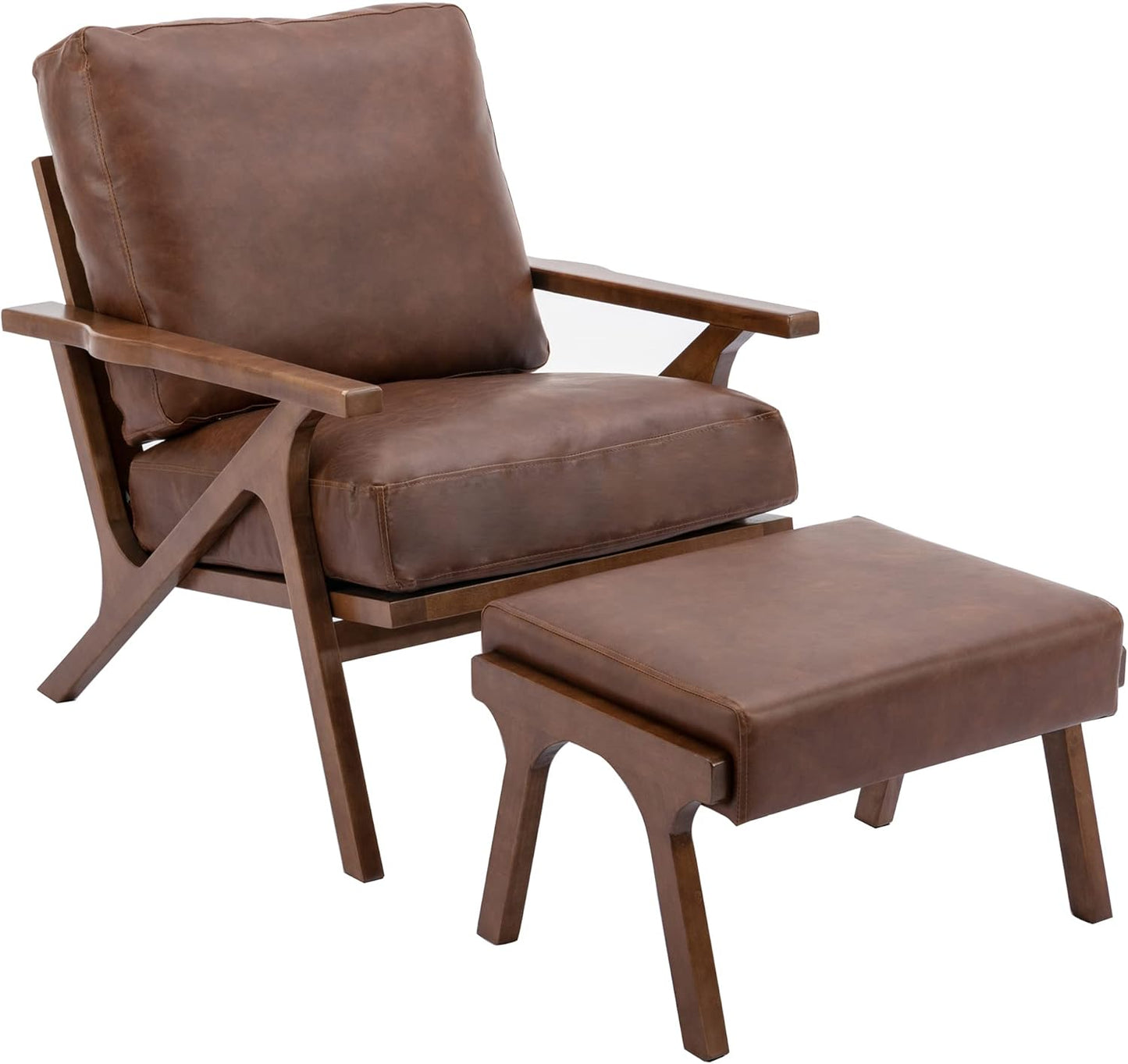 Mid Century Modern Accent Chair with Ottoman, Farmhouse PU Upholstered Living Room Armchair and Ottoman Set, 23" Seat Wide Retro Leisure Lounge Chair with Wood Frame for Home, Bedroom, Office, Brown