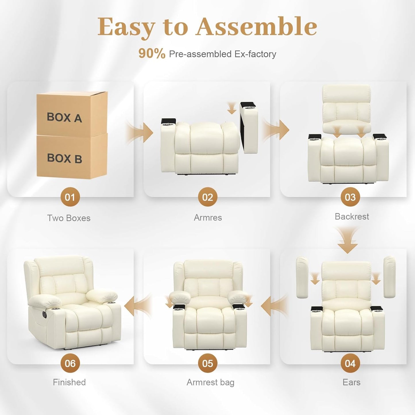Recliner Chair for Adults, Oversized PU Leather Manual Pull Tab Reclining Chair with Cup Holders, Minimalist Style Single Sofa for Living Room, RV (Ivory White)