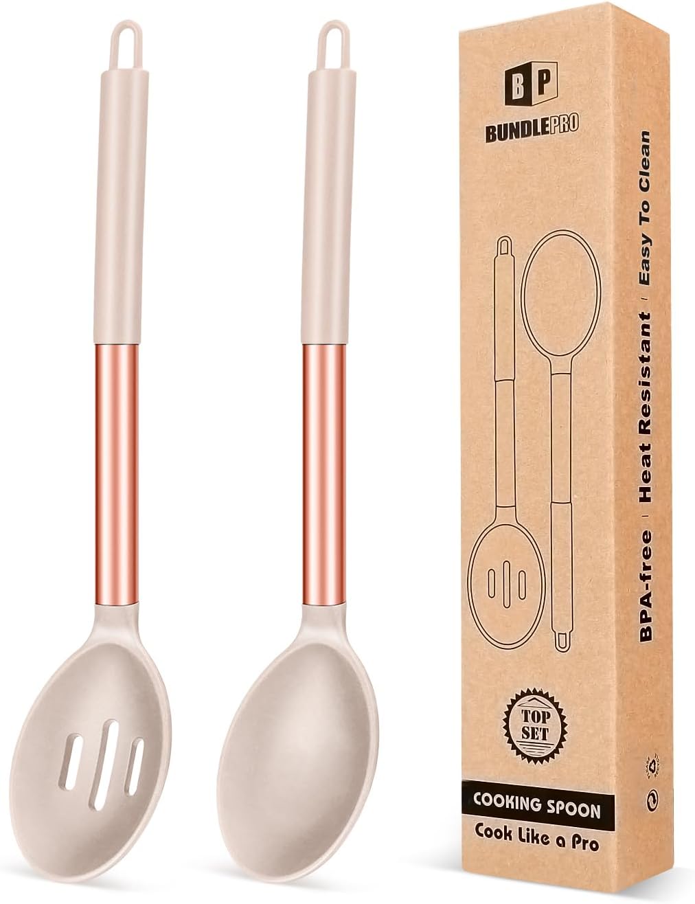 Pack of 2 Large Silicone Cooking Spoons,Non Stick Solid Basting Spoon,Heat-Resistant Kitchen Utensils for Mixing,Serving,Draining,Stirring (ROSE GOLD KHAKI)