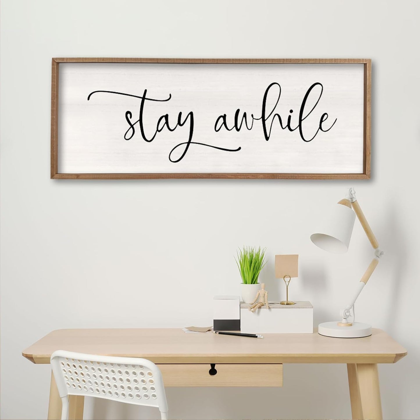Stay Awhile Sign Wall Decor 32"X12" Large Living Room Entryway Wood Framed Rustic Wall Decor for Vintage Farmhouse Foyer Hanging Lets Stay Home Wall Art (Wood)