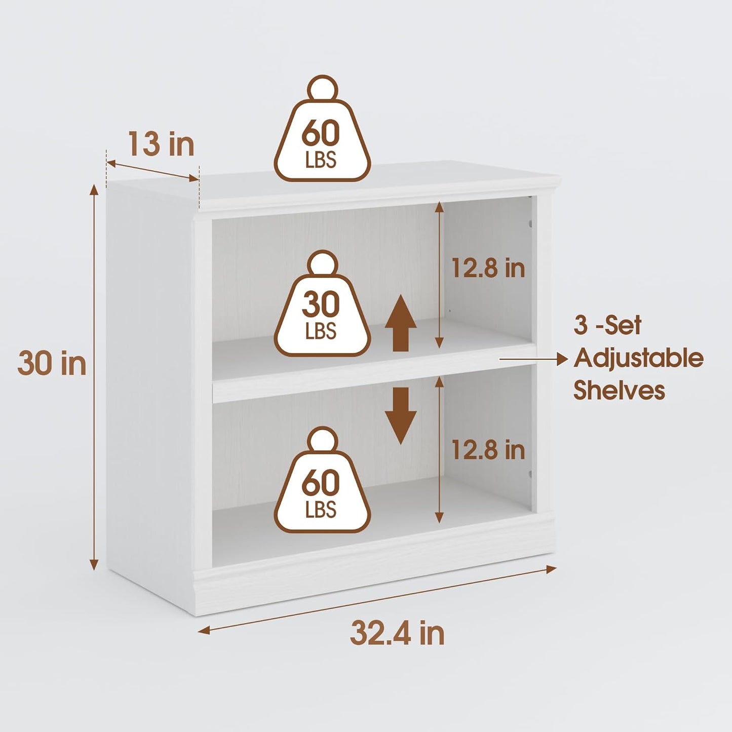 30" Bookcase, White Floor Standing Bookshelf, 2-Tier Display Shelves Open Storage Organizer, Book Case for Living Room Hallway Kitchen Home Office Bedroom, White 2 Tiers