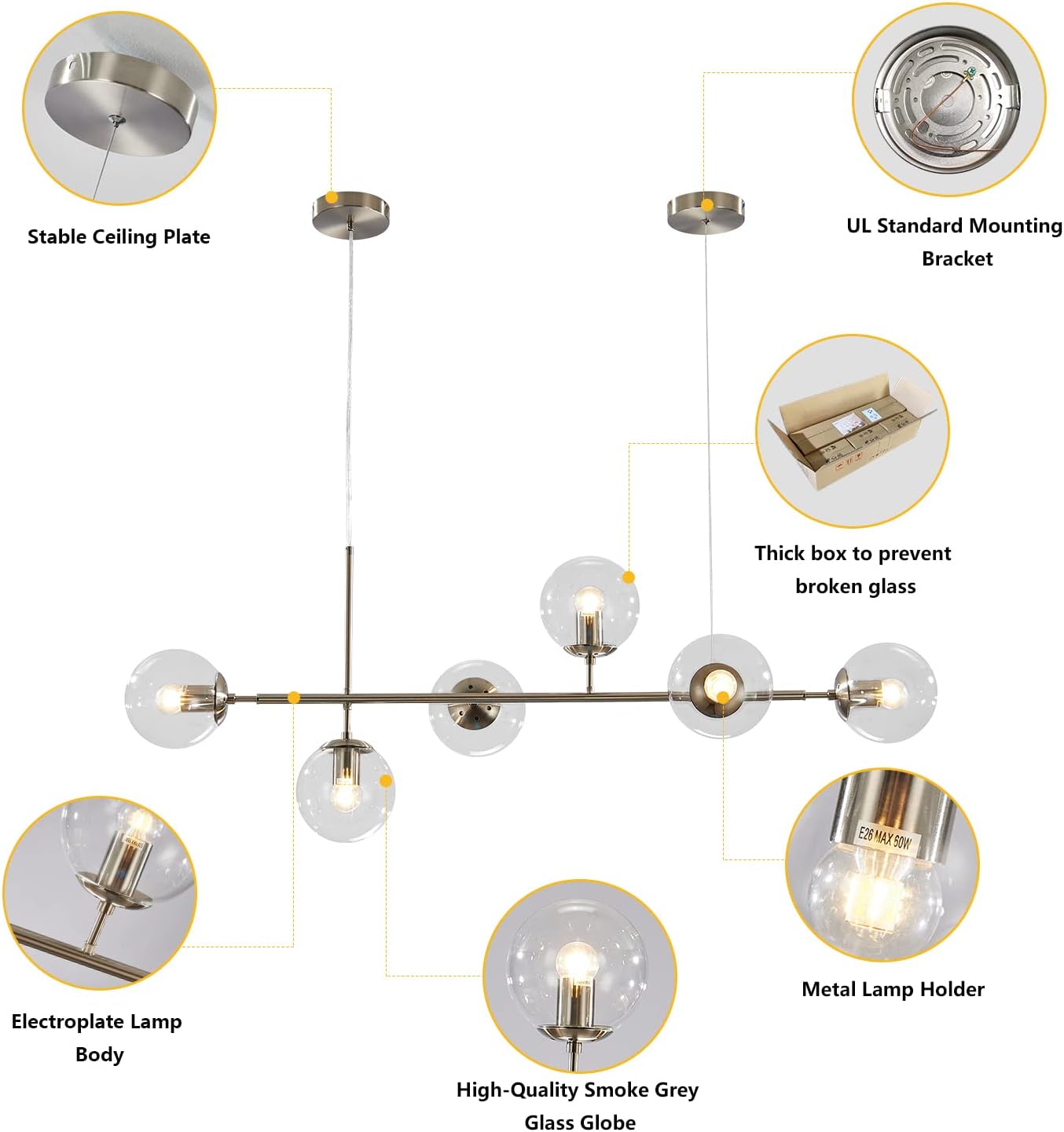 KCO Lighting 6 Light Bubble Glass Pendant Light Mid Century Modern Globe Sputnik Chandelier Linear Chandelier Lighting Brushed Nickel Hanging Light Fixture for Kitchen Island Dining Room