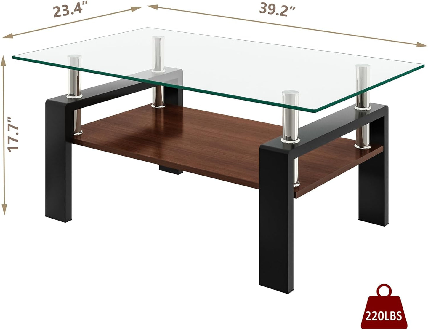 Tempered Glass Coffee Table Rectangle Living Room Center Table, with 39" Clear Top and Brown MDF Layer Black Metal Leg, for Small Space Apartment, Transparent+Brown