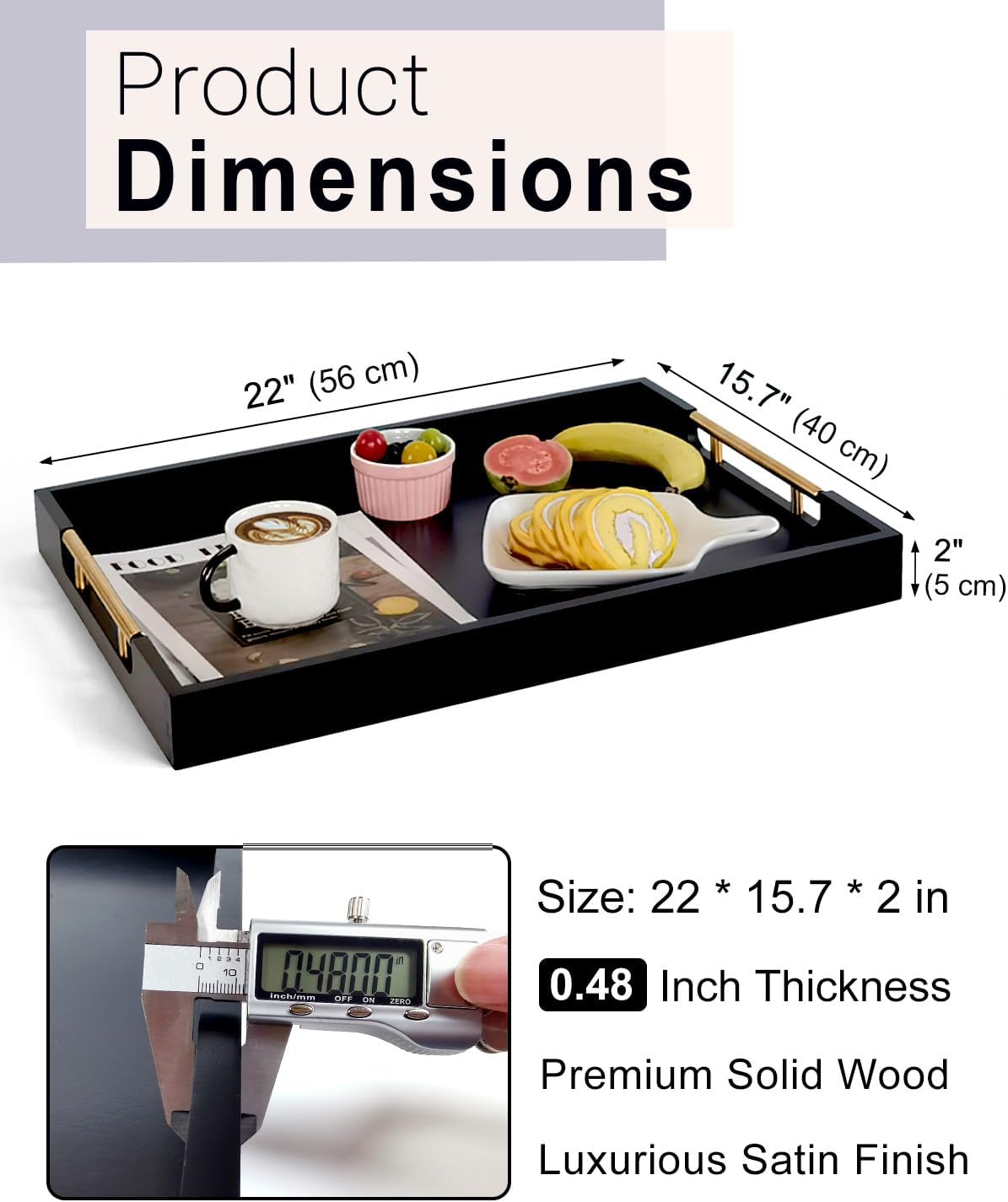 22 Inch Rectangle Black Ottoman Tray with Gold Metal Handles, Extra Large Wooden Serving Tray for Living Room, Coffee Table, Kitchen & Hosting